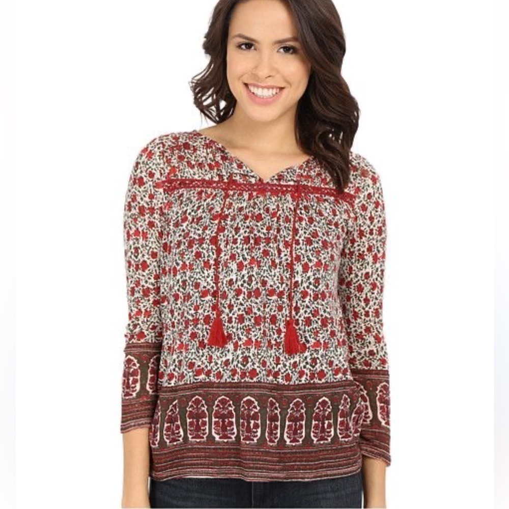Lucky brand jaipur border print top boho tassels women’s size S